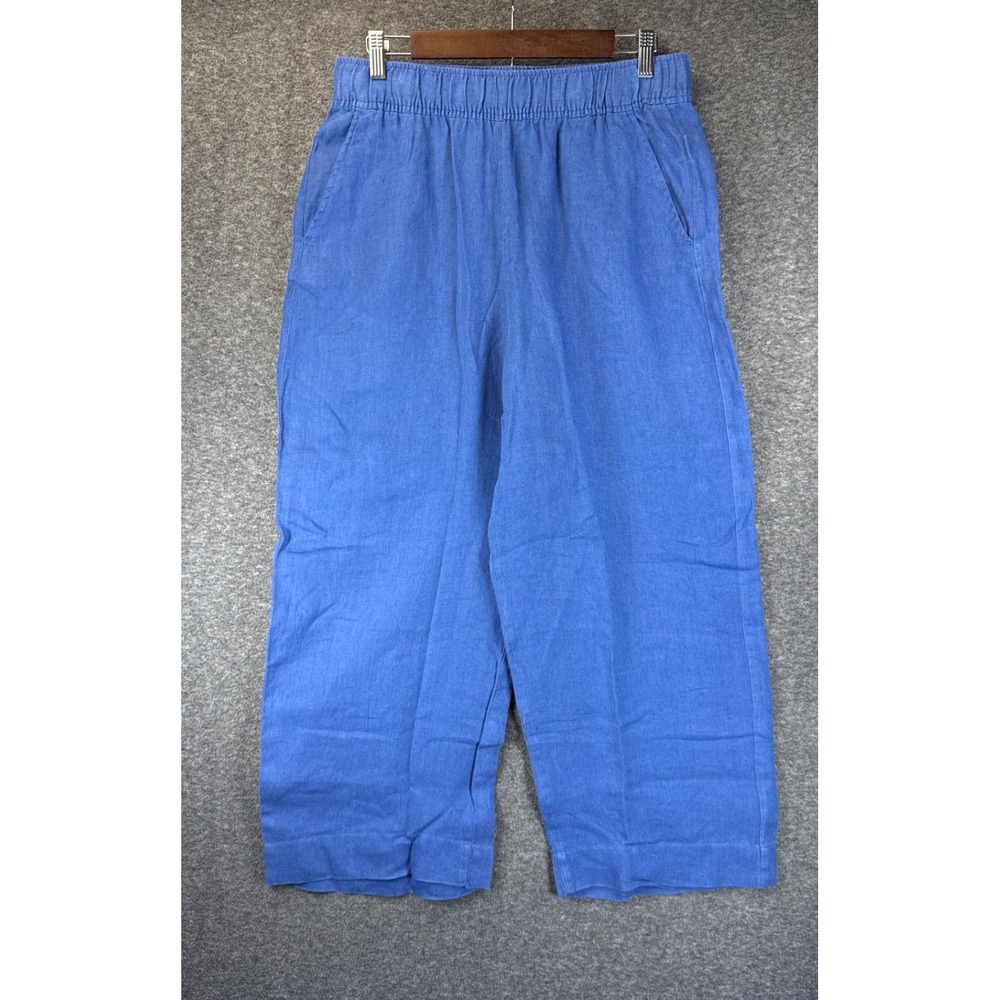 Tahari Essentials Pants Women L Blu 100% Linen Wide Leg Crop Yacht Sailing Flare